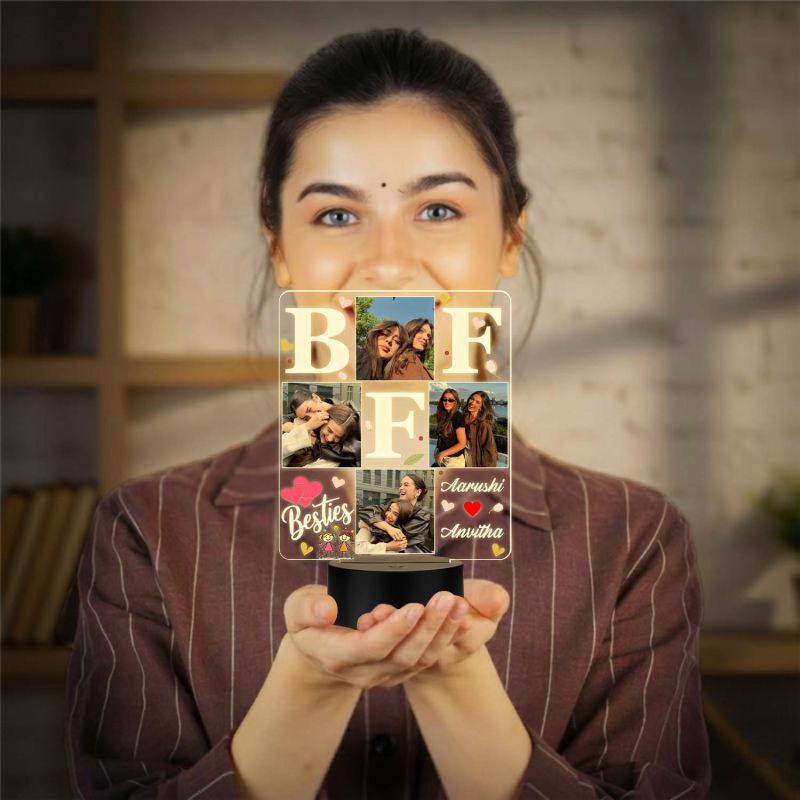 Personalized BFF 3D LED Photo Lamp Custom Photos & Names  3D Illusion Bedside Night Light Friendship Gift for Besties, Sisters Birthday Gift for BFF Warm White Light